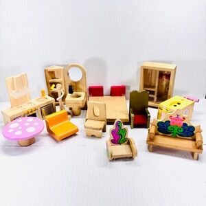 Group Of Wooden Dollhouse Furniture Mixed Educo And Unbranded 13 Pieces